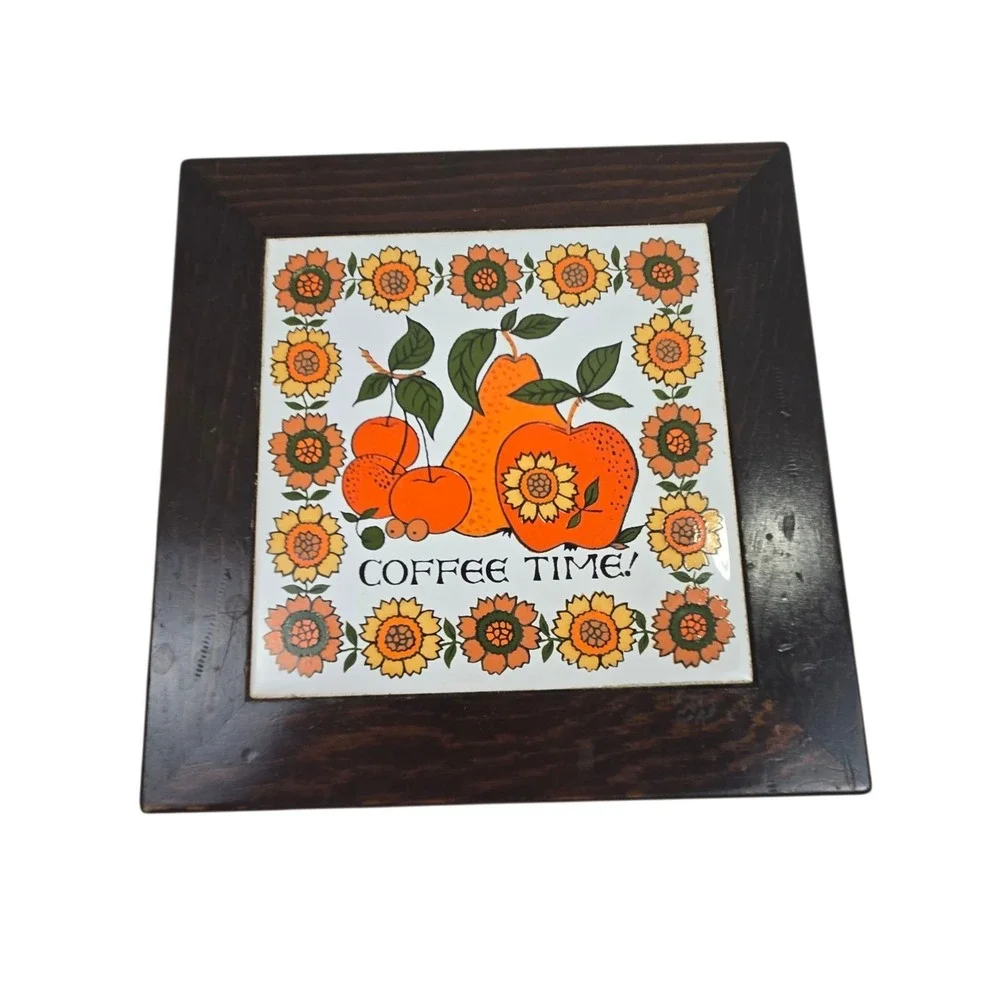 Vtg 60s Fujimiyaki Ceramic Tile Trivet in Footed Wood Frame 
